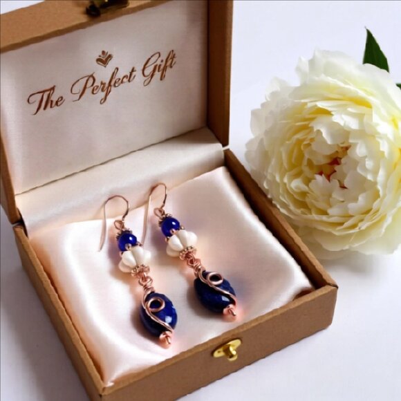 Unique Wire Wrapped Lapis Lazuli Earrings Beaded Sleek Handmade One-Of-A-Kind 25$